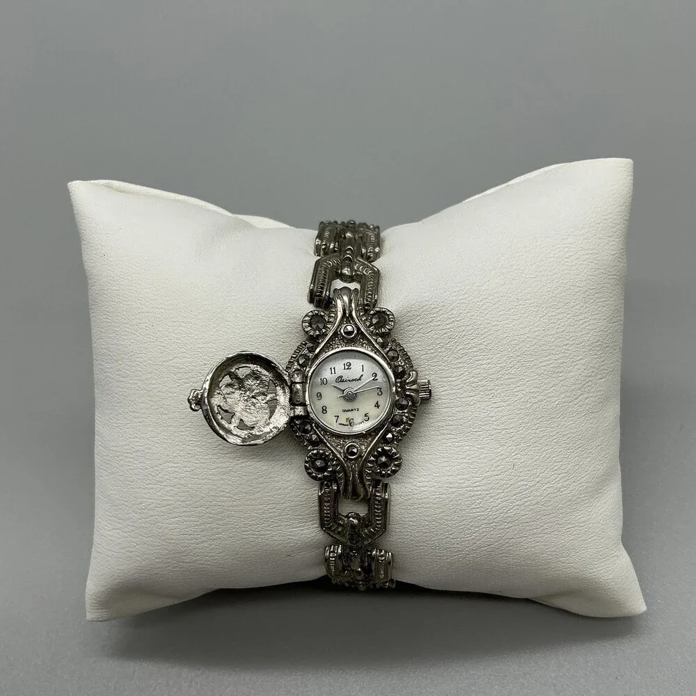 Asireck Marcasite Watch Women 18mm Silver Tone Hidden Dial New Battery 6.25